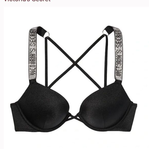 Victorias Secret Swim Bombshell Shine Strap Add-2-Cups Push Up Bikini Top Black - Picture 1 of 4